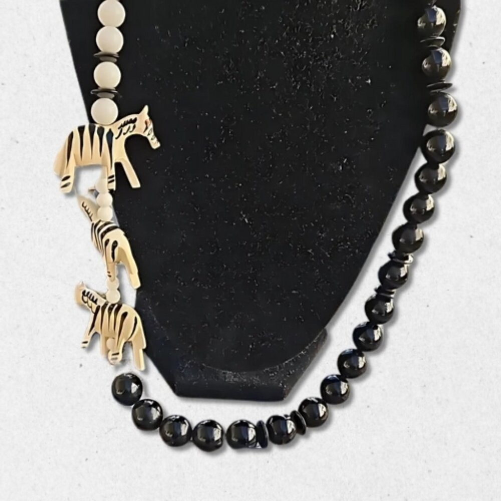 Karla Jordan Glass Beaded Necklace Three Wooden Zebra Pendants Black/White W Os